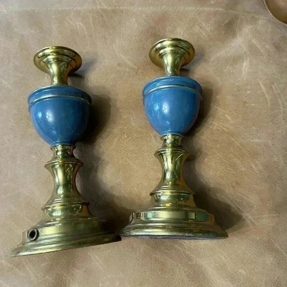 Other - Two Vintage Brass Lamp Bodies Blue And Gold Not Wired